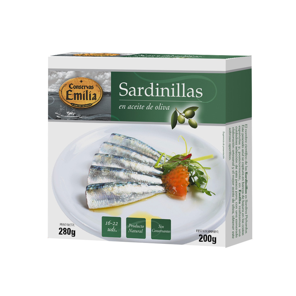 Sardinillas en aceite de oliva Emilia, lata 280 gr