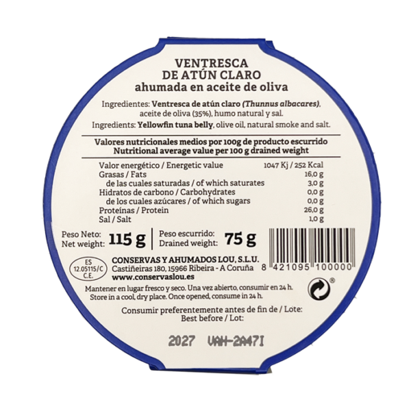 Ventresca de atún claro ahumada en aceite de oliva Alma Galega 115gr - Imagen 2