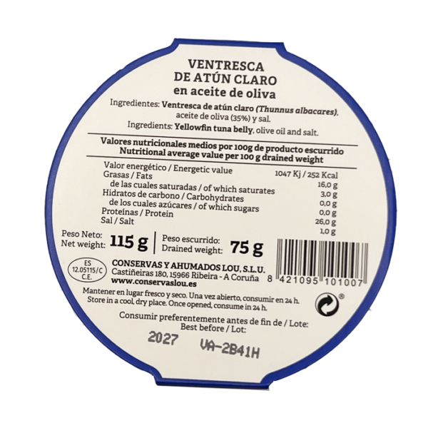 Ventresca de atún claro en aceite de oliva Alma Galega 115gr - Imagen 2