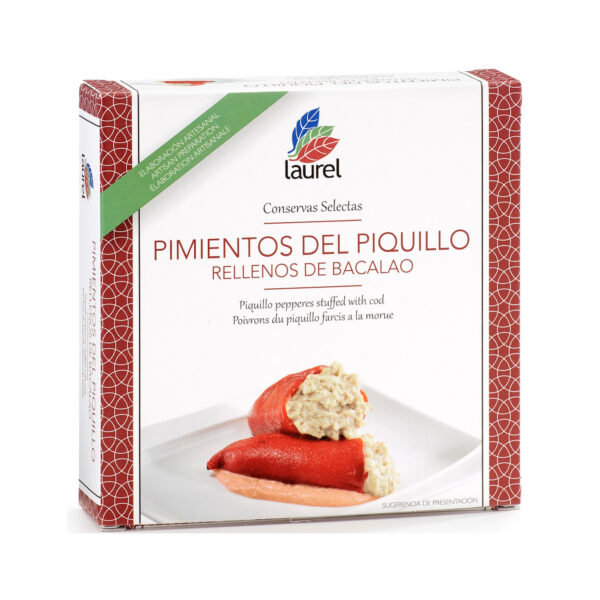 Piquillo peppers stuffed with cod, preserved bay leaf