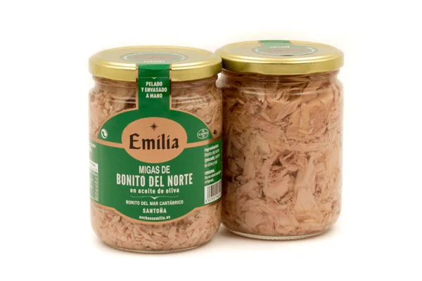 Migas de bonito del norte en aceite de oliva emilia, bote 430 gr