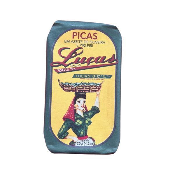 Picas portuguesas en aceite de oliva piri-piri, conservas lucas 120gr